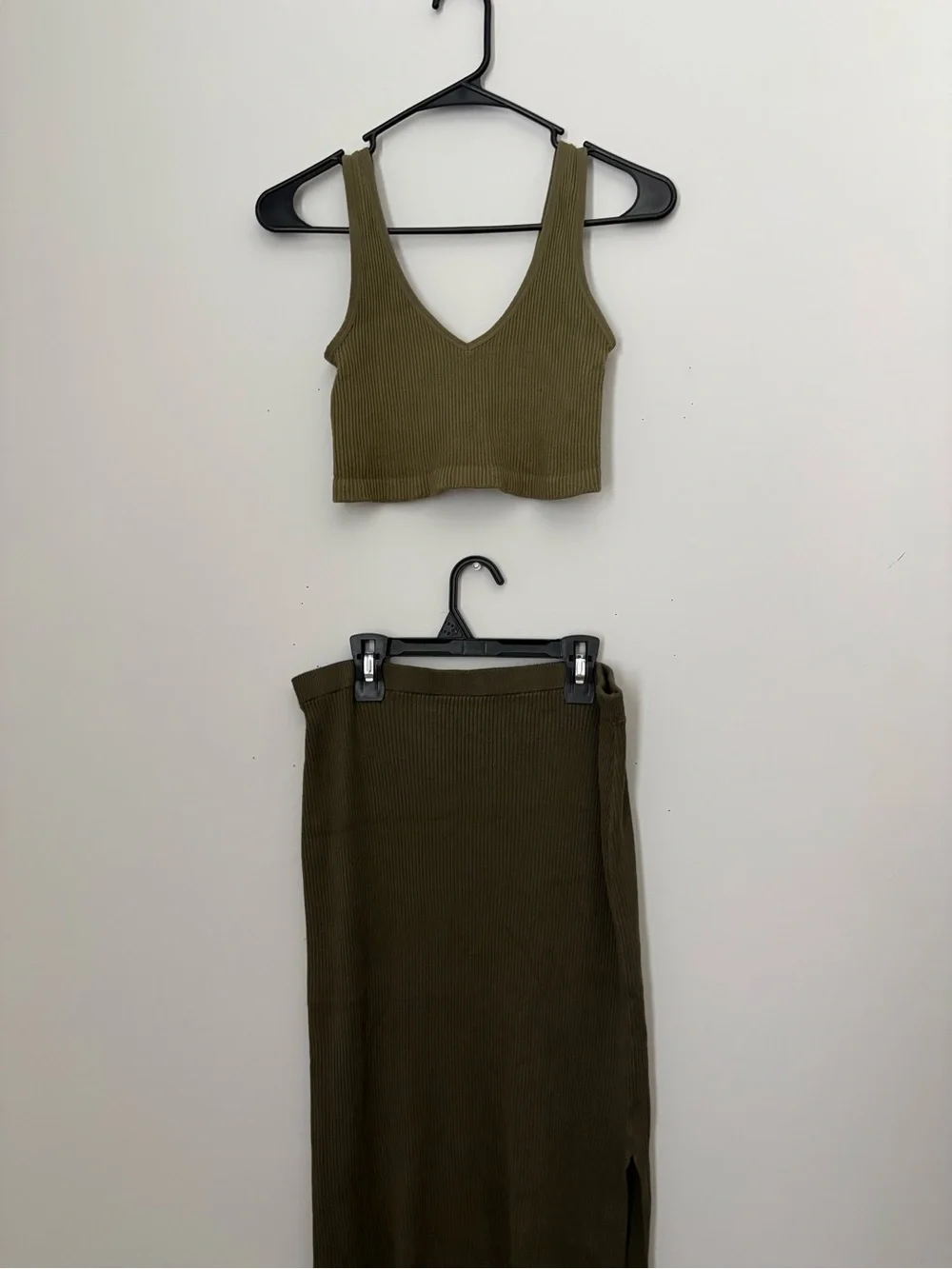 Forever 21 Olive Ribbed Knit Crop Top & Maxi Skirt Set